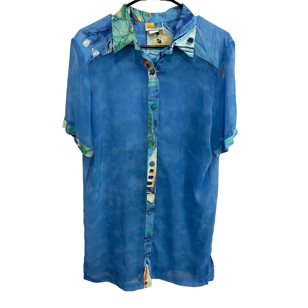 Vintage Sea Suns Sheer Button Down Blouse Blue Artistic Trim Sz PM Made In USA